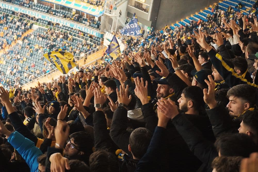 A crowd on its feet cheering with hands raised